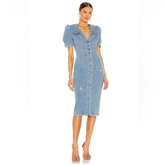 NWT Retrofete Annie Denim Button Up Puff Sleeve Dress in Laguna XS - Picture 4 of 16